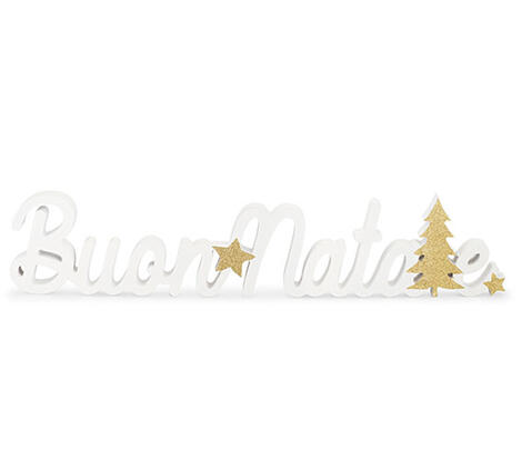 Scritta decorativa Buon Natale in Legno Bianco e Oro  